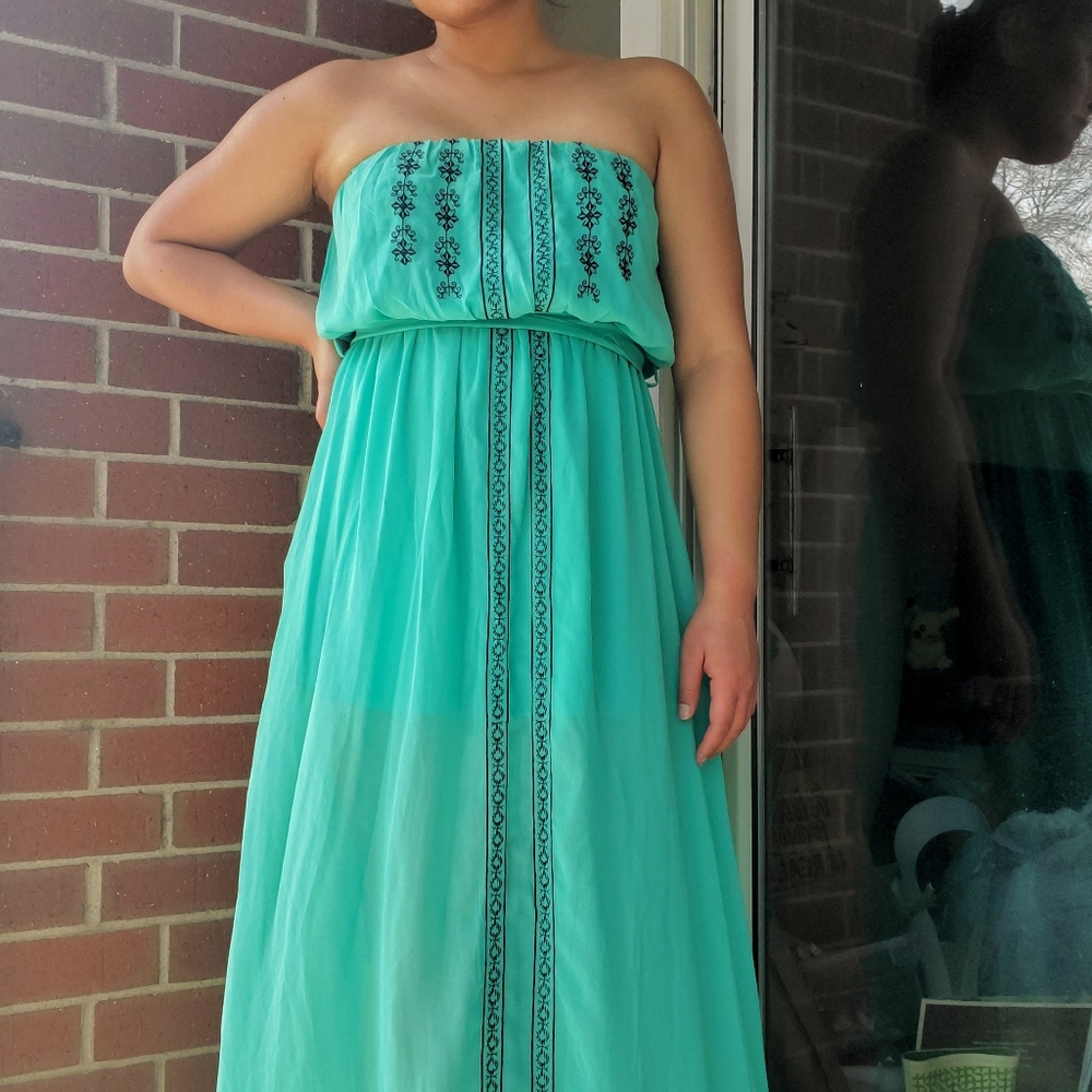 Turquoise Embroidered Strapless Maxi Dress